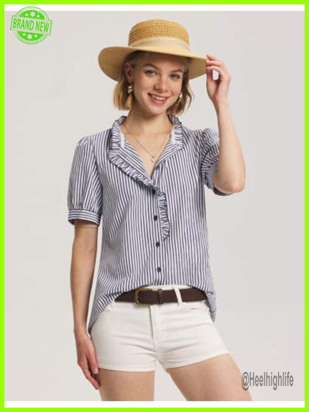 Puff Short Sleeve Ruffle Button Down Shirt for Women Office Work Blouse - Picture 2 of 6